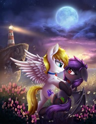 Size: 3111x4000 | Tagged: safe, artist:atlas-66, oc, oc only, oc:desire, oc:wholeheart, bat pony, pony, bat pony oc, bow, choker, clothes, cloud, duo, flower, full moon, lighthouse, moon, socks, stars