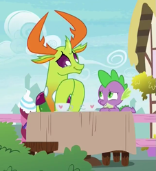 Size: 641x705 | Tagged: safe, screencap, spike, thorax, changedling, changeling, dragon, triple threat, cup, king thorax, table, teacup