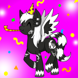 Size: 1000x1000 | Tagged: safe, artist:taletrotter, oc, oc only, oc:dreamy, pegasus, pony, birthday, confetti, female, mare, monochrome, party, toot