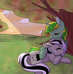 Size: 2266x2299 | Tagged: safe, artist:cloureed, oc, oc only, oc:meadow dawn, oc:sash, oc:shadow mark, unicorn, nap, sleeping, tree