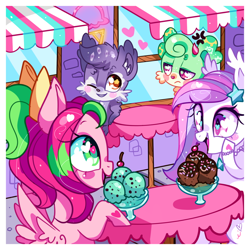 Size: 900x900 | Tagged: safe, artist:ipun, oc, oc only, oc:gadget, oc:precious metal, bat pony, pegasus, pony, blushing, female, food, heart, heart eyes, ice cream, mare, table, unnamed oc, wingding eyes