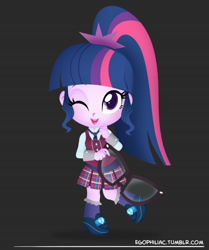 Size: 790x946 | Tagged: safe, artist:egophiliac, sci-twi, twilight sparkle, equestria girls, chibi, clothes, crystal prep academy uniform, cute, looking at you, one eye closed, school uniform, smiling, solo, twiabetes, wink