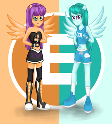 Size: 3296x3634 | Tagged: safe, artist:deannaphantom13, cold forecast, ginger owlseye, equestria girls, background human, belly button, clothes, commission, duo, duo female, exeron fighters, exeron gloves, female, fingerless gloves, gloves, looking at you, midriff, ponied up, skirt, smiling, sports bra, sports shorts, tanktop, tube top