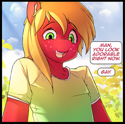 Size: 437x436 | Tagged: safe, artist:hoodie, big macintosh, anthro, earth pony, comic:butters big night, clothes, comic, cropcon, cropped, gay, looking at you, male, offscreen character, shirt, solo, speech bubble, stallion, t-shirt