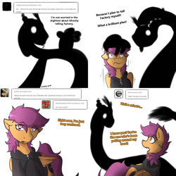 Size: 1500x1500 | Tagged: safe, artist:conmanwolf, scootaloo, oc, oc:chairman, pony, fanfic:rainbow factory, ask factory scootaloo, clothes, comic, factory scootaloo, vulgar