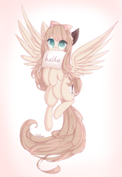 Size: 900x1306 | Tagged: safe, artist:chimeeri, oc, oc only, pegasus, pony, abstract background, bow, hair bow, mouth hold, pegasus oc, sign, solo, wings