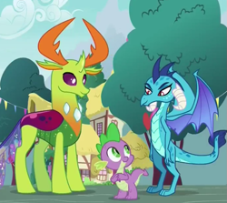 Size: 691x617 | Tagged: safe, screencap, princess ember, spike, thorax, changedling, changeling, dragon, triple threat, friendship, king thorax