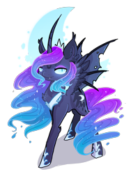 Size: 2100x2800 | Tagged: safe, artist:nutty-stardragon, nightmare moon, alicorn, bat pony, bat pony alicorn, pony, curved horn, cutie mark background, female, hoof shoes, mare, solo, transparent background