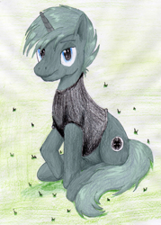 Size: 1863x2596 | Tagged: safe, artist:40kponyguy, artist:soulcreeper12, derpibooru exclusive, edit, oc, oc only, oc:scope sight, unicorn, clothes, looking at you, male, requested art, shirt, sitting, solo, stallion, traditional art