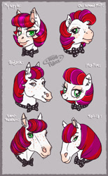 Size: 916x1487 | Tagged: safe, artist:champ, oc, oc only, oc:madame filthy, bowtie, bust, ear piercing, earring, eyeshadow, female, freckles, hoers, jewelry, lips, looking at you, makeup, mare, piercing, style emulation