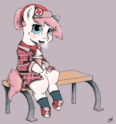 Size: 2000x2143 | Tagged: safe, artist:redcladhero, nurse redheart, semi-anthro, clothes, flannel, hat, scarf, shoes, sneakers, socks, solo