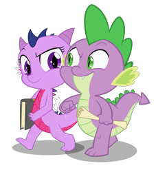 Size: 4472x4928 | Tagged: safe, artist:queencold, spike, twilight sparkle, dragon, absurd resolution, baby dragon, book, commission, dragoness, dragonified, duo, female, male, raised eyebrow, scroll, simple background, species swap, transparent background, twilidragon, walking, what if