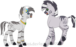 Size: 1403x874 | Tagged: safe, artist:ipandacakes, oc, oc only, oc:kokoto, oc:sage, zebra, bracelet, cute, ear piercing, earring, eye contact, flower, flower in hair, frown, jewelry, looking at each other, necklace, nervous, open mouth, parent:zecora, piercing, raised leg, simple background, smiling, transparent background, zebra oc