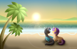 Size: 900x582 | Tagged: safe, artist:fantasyinsanity, oc, oc only, oc:seachell, oc:sharkbutt, beach, flower, flower in hair, ocean, sharkchell, shipping