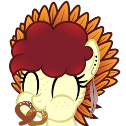 Size: 9375x9375 | Tagged: safe, artist:besttubahorse, oc, oc only, oc:chimie changa, hybrid, pony, absurd resolution, aweeg*, bust, ear piercing, female, food, freckles, happy, nom, pegaphoenix, piercing, pretzel, simple background, solo, transparent background, vector