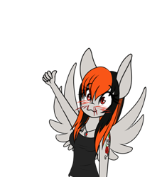 Size: 500x549 | Tagged: safe, artist:silverfox057, oc, oc only, oc:cannon car, anthro, pegasus, anthro oc, approved, blood, clothes, female, mare, nosebleed, simple background, smiling, solo, spread wings, thumbs up, transparent background, wingboner, wings