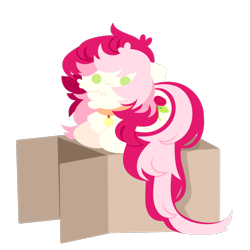 Size: 1100x1100 | Tagged: safe, artist:kotoink, roseluck, earth pony, pony, :3, behaving like a cat, box, cardboard box, cheek fluff, chest fluff, chibi, collar, cute, digital art, female, fluffy, mare, pet tag, pony pet, prone, rosepet, simple background, smiling, solo, transparent background