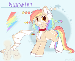 Size: 1024x828 | Tagged: dead source, safe, artist:freckleplant, oc, oc only, oc:rainbow lilit, earth pony, pony, artificial wings, augmented, choker, earth pony oc, female, looking at you, mare, mechanical wing, rainbow hair, reference sheet, solo, unshorn fetlocks, watermark, wings