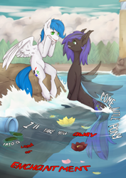 Size: 1900x2687 | Tagged: safe, artist:lonerdemiurge_nail, oc, oc only, oc:blueberry bliss, oc:math millien, merpony, pegasus, pony, flower, hypnosis, hypnotized, lake, seduction, song reference, text, water