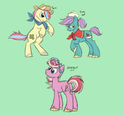 Size: 2041x1903 | Tagged: safe, artist:robiinart, salty (g1), slugger, tex, earth pony, pony, unicorn, g1, baseball cap, big brother ponies, cap, cowboy hat, green background, hat, male, neckerchief, raised hoof, rearing, simple background, stallion