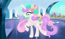 Size: 2010x1200 | Tagged: safe, artist:owocrystalcatowo, oc, oc only, oc:shiny heart, crystal pony, unicorn, crystal empire, crystallized, female, mare, offspring, parent:princess cadance, parent:shining armor, parents:shiningcadance, raised hoof, solo