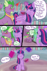 Size: 1024x1536 | Tagged: safe, artist:jeyjeymohr, spike, twilight sparkle, twilight sparkle (alicorn), alicorn, dragon, comic:crownless, blushing, colored horn, comic, curved horn, dialogue, disembodied horn, horn, implied gay, implied shipping, implied thorax, library, magic, sombra's horn, telekinesis