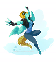 Size: 1752x1956 | Tagged: safe, artist:aonikaart, lightning dust, anthro, pegasus, unguligrade anthro, clothes, eyes closed, female, fingerless gloves, gloves, goggles, mare, pants, shirt, simple background, smiling, solo