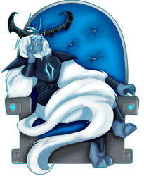 Size: 4000x4869 | Tagged: safe, artist:rockformed, storm king, my little pony: the movie, armor, claws, crossed legs, frown, long tail, male, simple background, sitting, solo, throne, throne slouch, transparent background