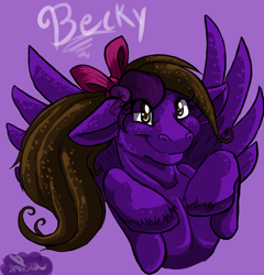 Size: 902x940 | Tagged: safe, artist:wildheart-wolfsong, oc, oc only, oc:becky, pegasus, pony, female, mare, pegasus oc, ribbon, signature, smiling, unshorn fetlocks, wings