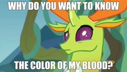 Size: 1277x719 | Tagged: safe, edit, edited screencap, screencap, thorax, changedling, changeling, to change a changeling, blood color, caption, confused, image macro, king thorax, meme