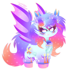 Size: 1580x1674 | Tagged: safe, artist:vanillaswirl6, oc, oc only, oc:angel aura, bat pony, pony, cheek fluff, chest fluff, chibi, colored pupils, contest prize, ear fluff, fangs, female, fluffy, hoof fluff, mare, rainbow power, rainbow power-ified, simple background, solo, sparkles, transparent background
