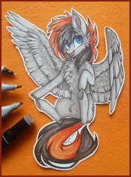 Size: 1377x1851 | Tagged: safe, artist:tenebristayga, oc, oc only, oc:rainy sky, pegasus, pony, chest fluff, featureless crotch, female, fluffy, flying, happy, mare, solo, underhoof, wings