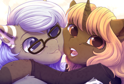 Size: 1024x696 | Tagged: safe, artist:peachmayflower, oc, oc only, earth pony, pony, unicorn, duo, female, glasses, mare