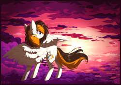 Size: 2222x1568 | Tagged: safe, artist:tenebristayga, oc, oc only, oc:rainy sky, pegasus, pony, female, mare, smiling, solo, sunset