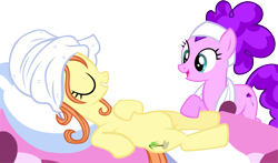 Size: 6343x3728 | Tagged: safe, artist:ironm17, bella brella, ocean dream, pony, filli vanilli, eyes closed, grin, massage, on back, simple background, smiling, spa, towel, transparent background, vector, working