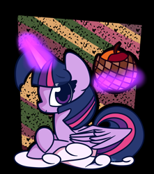 Size: 1800x2040 | Tagged: safe, artist:hedgehog-plant, twilight sparkle, twilight sparkle (alicorn), alicorn, pony, abstract background, cloud, female, fruit, magic, mare, prone, solo, telekinesis