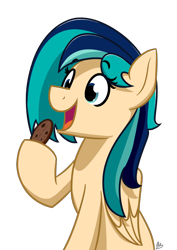 Size: 700x990 | Tagged: safe, artist:alexi148, oc, oc only, oc:sapphire breeze, pegasus, pony, cookie, eating, female, food, hoof hold, mare, simple background, solo, transparent background