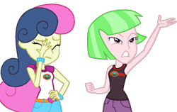 Size: 1024x646 | Tagged: safe, artist:marrabo, bon bon, drama letter, sweetie drops, watermelody, equestria girls, background human, bon bon is not amused, clenched fist, duo, duo female, facepalm, female, frown, hand on hip, simple background, transparent background, unamused