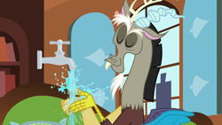 Size: 1280x720 | Tagged: safe, screencap, discord, discordant harmony, chaos magic, faucet, fluttershy's cottage, solo, water