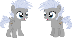 Size: 8938x4755 | Tagged: safe, artist:cyanlightning, chipcutter, pegasus, pony, absurd resolution, chisel (r63), colt, confused, duo, female, filly, looking at each other, male, rule 63, simple background, transparent background, vector