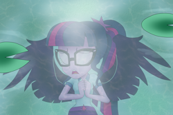 Size: 3000x2000 | Tagged: safe, artist:vicakukac200, midnight sparkle, sci-twi, twilight sparkle, equestria girls, legend of everfree, camp everfree outfits, clothes, eyes closed, female, glasses, lilypad, open mouth, pond, scene interpretation, shorts, singing, solo, the midnight in me, water, wings