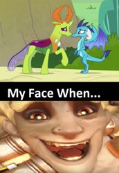 Size: 563x816 | Tagged: safe, edit, edited screencap, screencap, dragon lord ember, princess ember, thorax, changedling, changeling, dragon, triple threat, cropped, cute, embrax, female, interspecies, junkrat, king thorax, male, meme, now kiss, overwatch, shipping, smiling, straight, text