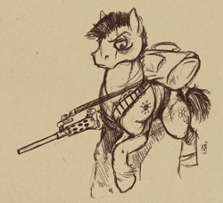 Size: 842x767 | Tagged: safe, artist:skrapbox, oc, oc only, earth pony, pony, gun, soldier, solo, traditional art, weapon