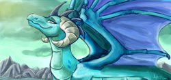 Size: 1024x480 | Tagged: safe, artist:ognevitsa, princess ember, dragon, mountain, solo, spread wings, wings