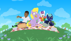 Size: 1800x1036 | Tagged: safe, artist:crowneprince, oc, oc only, oc:gene johnson, oc:joey costa, oc:kwame, duck, human, basket, food, mouthbutt, pasta, picnic, picnic basket, picnic blanket, ponies the anthology, sandwich, spaghetti