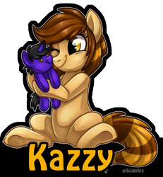 Size: 2151x2328 | Tagged: safe, artist:sciggles, oc, oc only, oc:crystalline wind, oc:kazzy, earth pony, pony, badge, crystazzy, female, high res, hug, mare, one eye closed, plushie, simple background, solo, transparent background