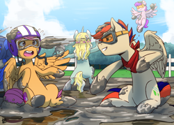 Size: 2800x2000 | Tagged: safe, artist:elzielai, scootaloo, oc, oc:zephyr leaf, pegasus, pony, unicorn, bandana, cute, cutealoo, cutie mark, determined, dirty, female, filly, foal, goggles, group, helmet, male, mud, muddy, outdoors, playing, reflection, sky, smiling, smirk, stallion, surprised, surprised face, water, wings