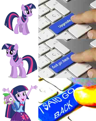 Size: 416x525 | Tagged: safe, spike, twilight sparkle, twilight sparkle (alicorn), alicorn, dog, human, unicorn, equestria girls, alicorn drama, drama, equestria girls drama, equestria girls prototype, exploitable meme, implied transformation, keyboard, meme, op is a cuck, op is trying to start shit, pony to human, spike the dog, transformation, upgrade, upgrade meme, vulgar