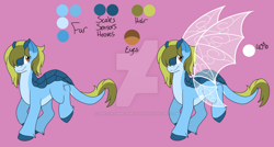 Size: 1024x549 | Tagged: safe, artist:sketchthebluepegasus, oc, oc only, oc:mossy stone, original species, pony, female, reference sheet, skimmer, solo, watermark