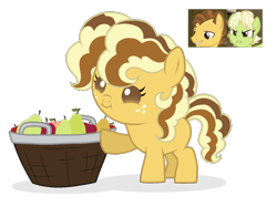 Size: 1134x842 | Tagged: safe, artist:unoriginai, pony, apple, baby, baby pony, bucket, food, parent:grand pear, parent:granny smith, pear, screencap reference